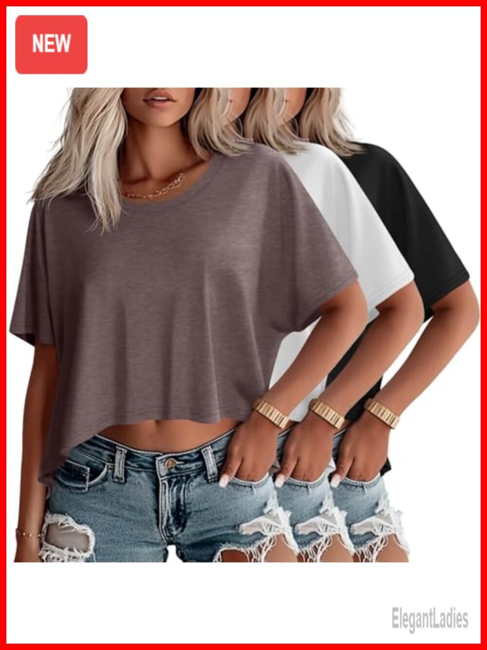 Oversized Cropped T Shirts Women's Loose Fit Crew Neck Short Sleeve Tees 3 Pack